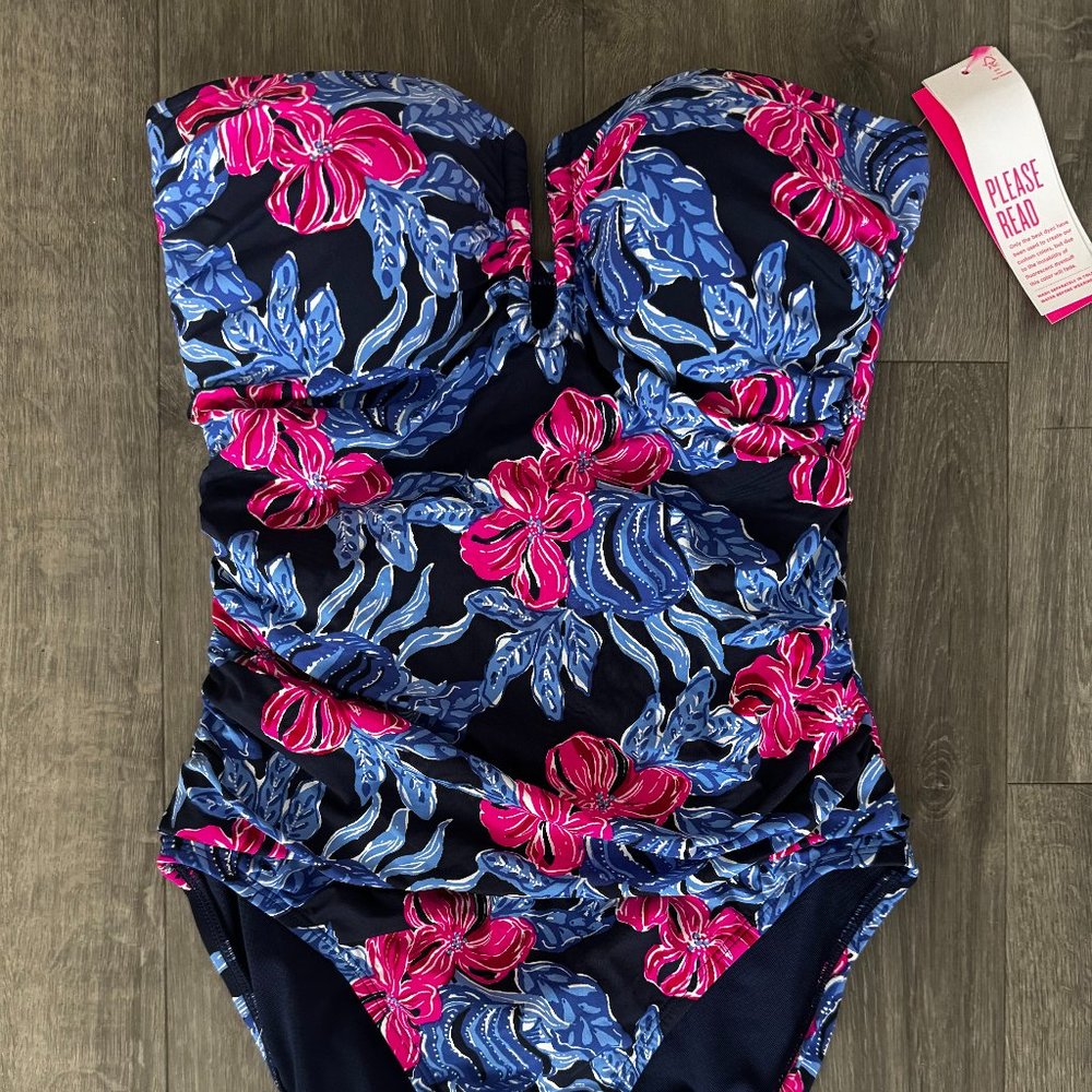 Lilly Pulitzer Navy One-Piece Swimsuit with Pink & Blue Floral Print